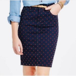 Anthropologie Pilcro Polka Dot Denim Pencil Skirt Blue Red Cotton Blend Sz 26 C